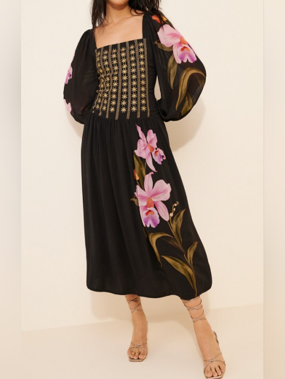 Farm Rio Midi Dress Long Sleeves With Floral Print